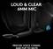 Svart gaming-headset med mikrofon. Text överst: Högt och tydligt genom 6 mm-mikrofon. Text nedtill: Exakt röstkommunikation och ljuddämpning genom att fälla upp.