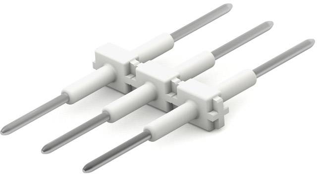Fyra vita, parallella stiftlister med metallspetsar som används inom elektroniken för att ansluta kretskort.