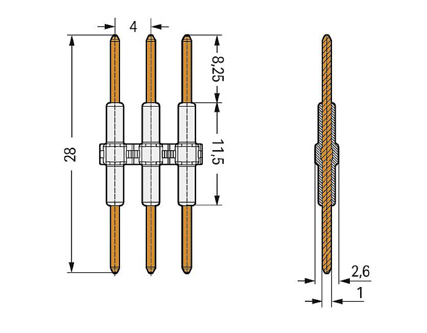 Teknisk ritning av en trepolig kontakt med mått: Höjd 28 mm, bredd 4 mm, stiftdiameter 1 mm, avstånd 2,6 mm.
