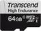 'Transcend MicroSD-kort, 64 GB, High Endurance, Klass 10, för tillförlitlig datalagring i krävande applikationer.'