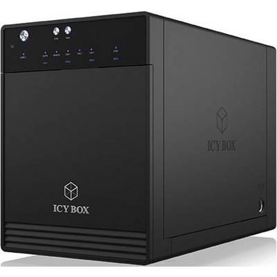 Svart extern hårddisklåda från 'ICY BOX' med flera LED-indikatorer på framsidan.