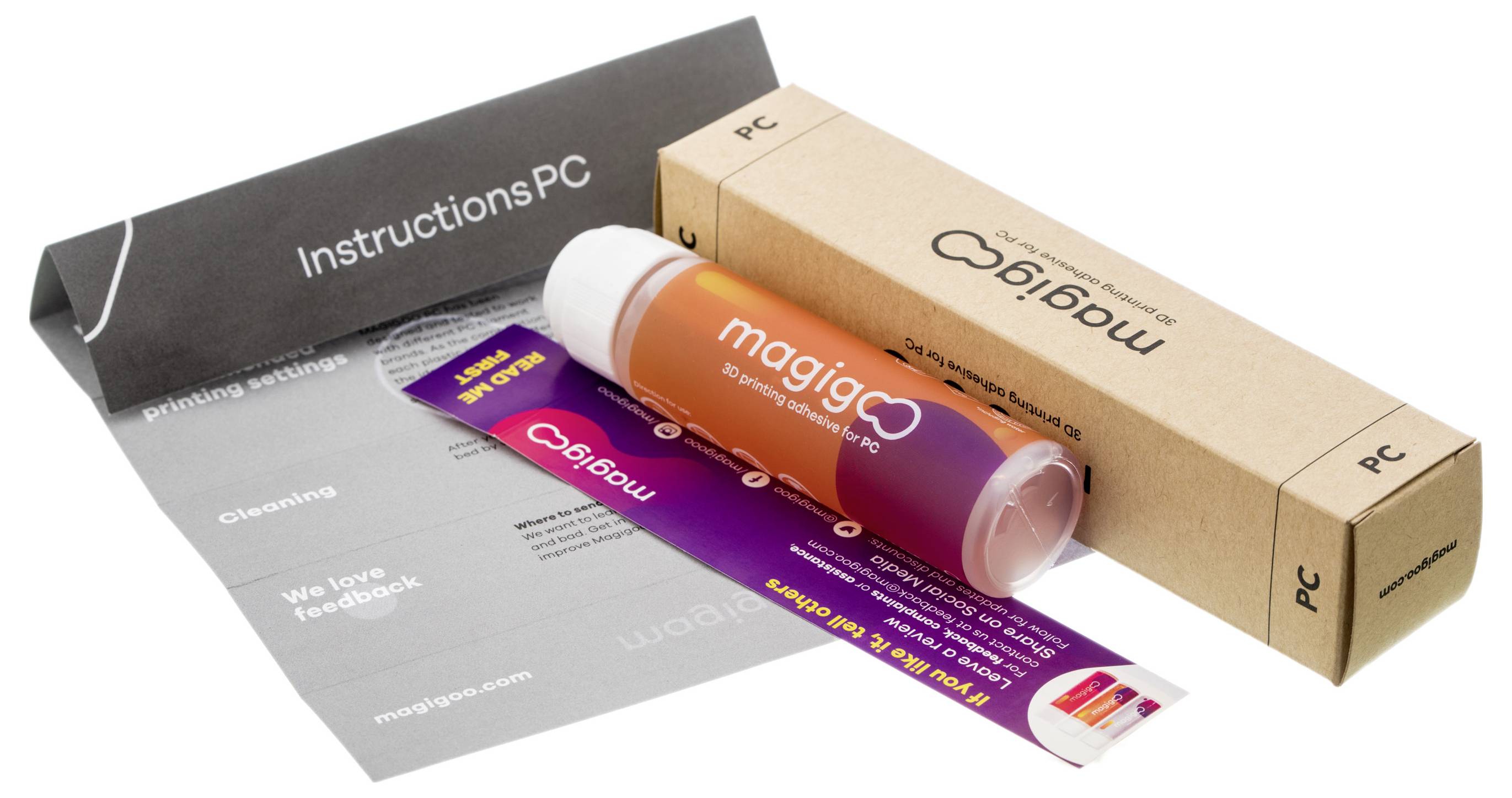 Magigoo 3D-skrivpenna i kartong. Innehåller instruktionsblad. Används för att förbättra vidhäftningen av 3D-utskrifter på byggplattan.