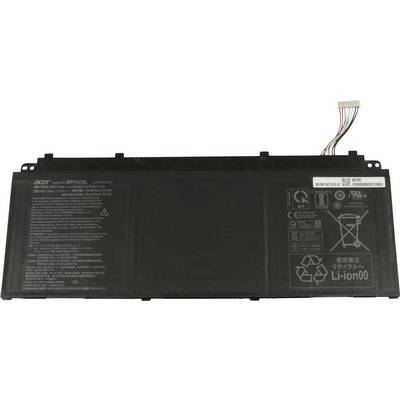 En rektangulär Acer-laptopbatteri, svart med tekniska specifikationer tryckt på, bredvid en kabel med flera färgade trådar.
