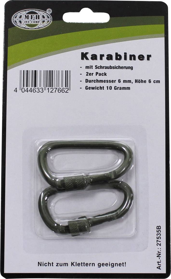 Förpackning med två grå karbinhakar med skruvlås från MFH. Diameter 6 mm, höjd 6 cm, vikt 10 gram. Inte lämplig för klättring.