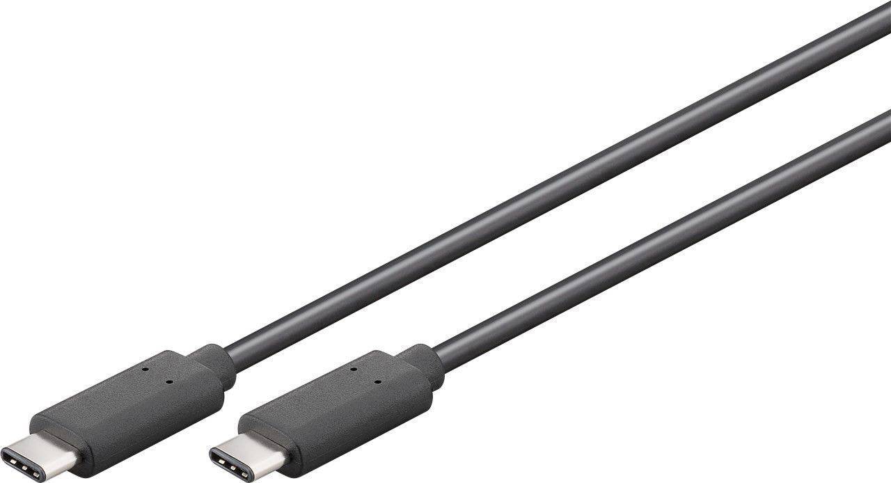 Ett svart USB-C-kabel med kontakter i båda ändar, lämplig för dataöverföring eller laddning av enheter.
