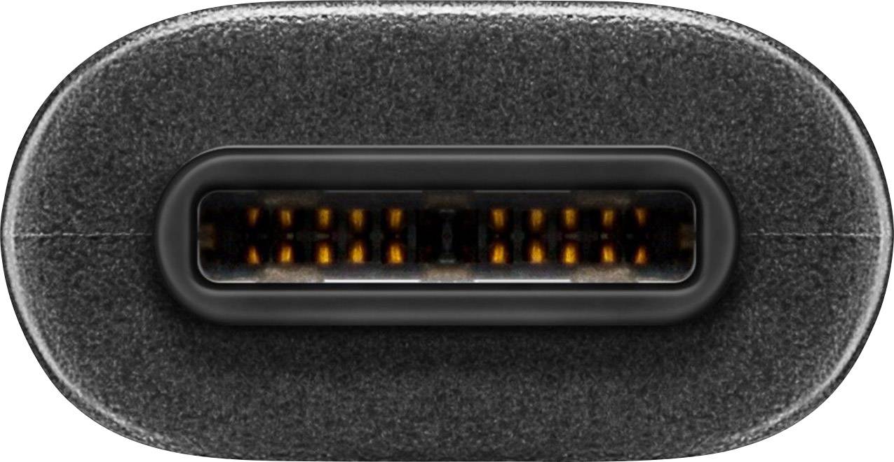 Närbild av en USB-C-kontakt med metallhölje, avsedd för laddning och dataöverföring.