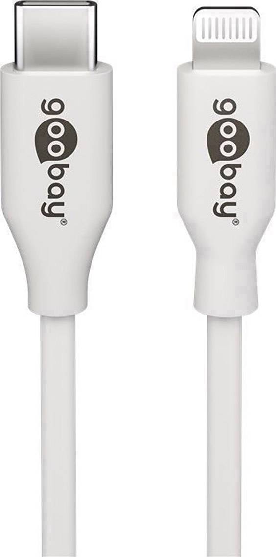 Två vita kablar med påskrifterna 'goobay', vänster en USB-C-kontakt, höger en Lightning-kontakt.