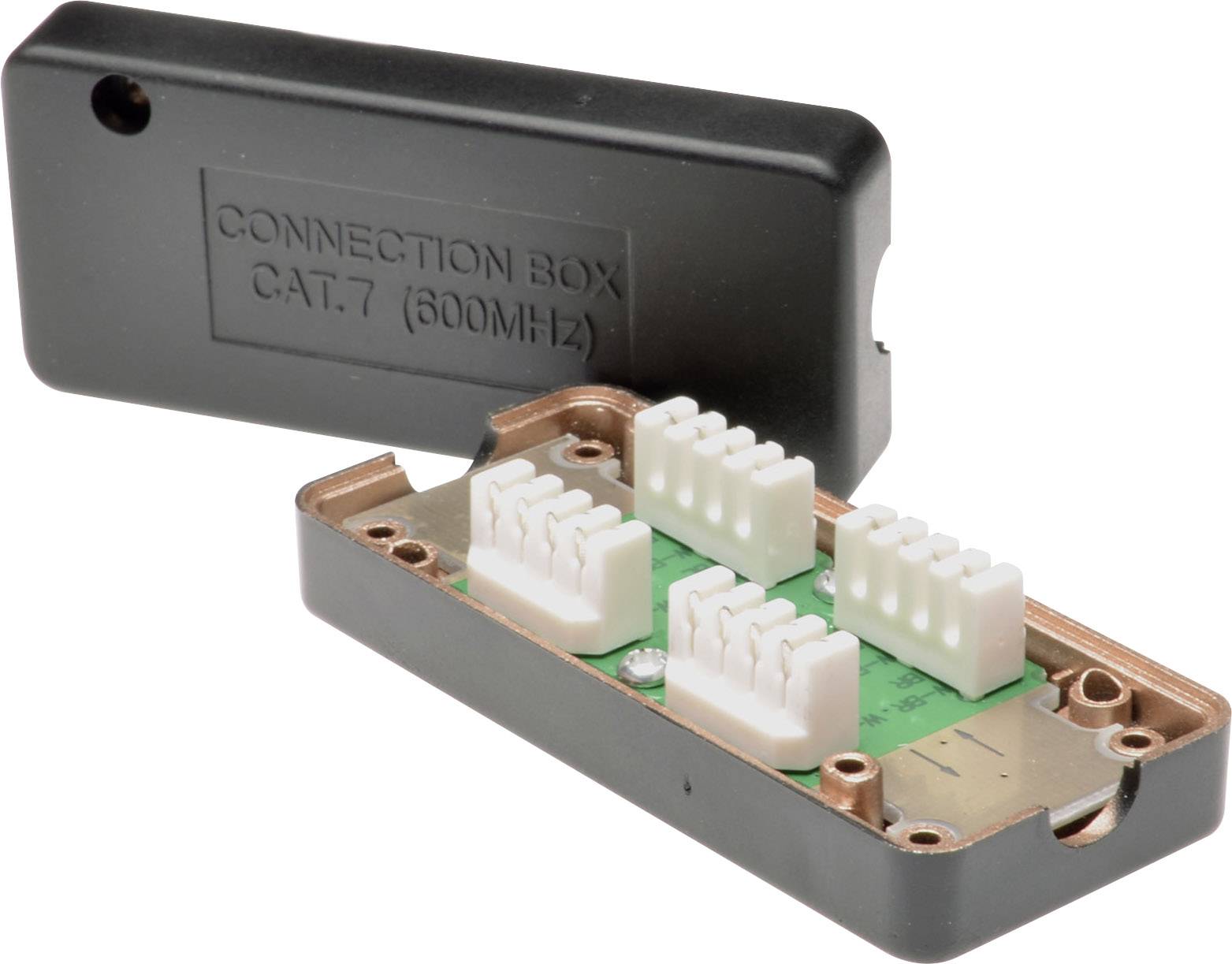 Öppnad "Förbindelsebox CAT.7 (600 MHz)" med synliga anslutningsklämmor och kretskort, locket bredvid.