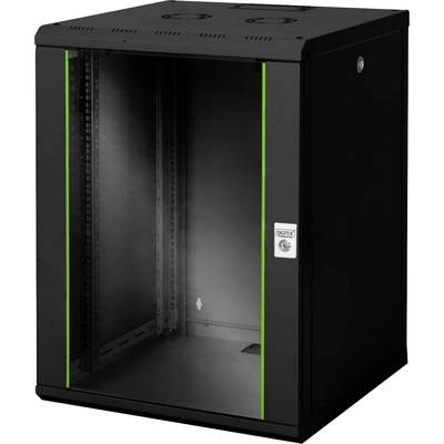 Svart serverrackskal med glasdörr och gröna accentlinjer. Lämplig för montering av IT-utrustning, med ventilationsöppningar upptill.