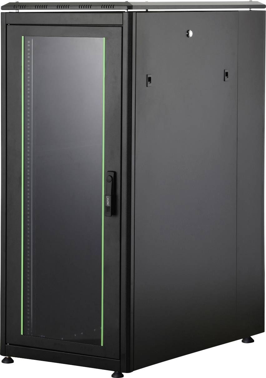 Svart serverrack med glasdörr och grön kant, lämplig för förvaring av IT-utrustning och kabelorganisation.