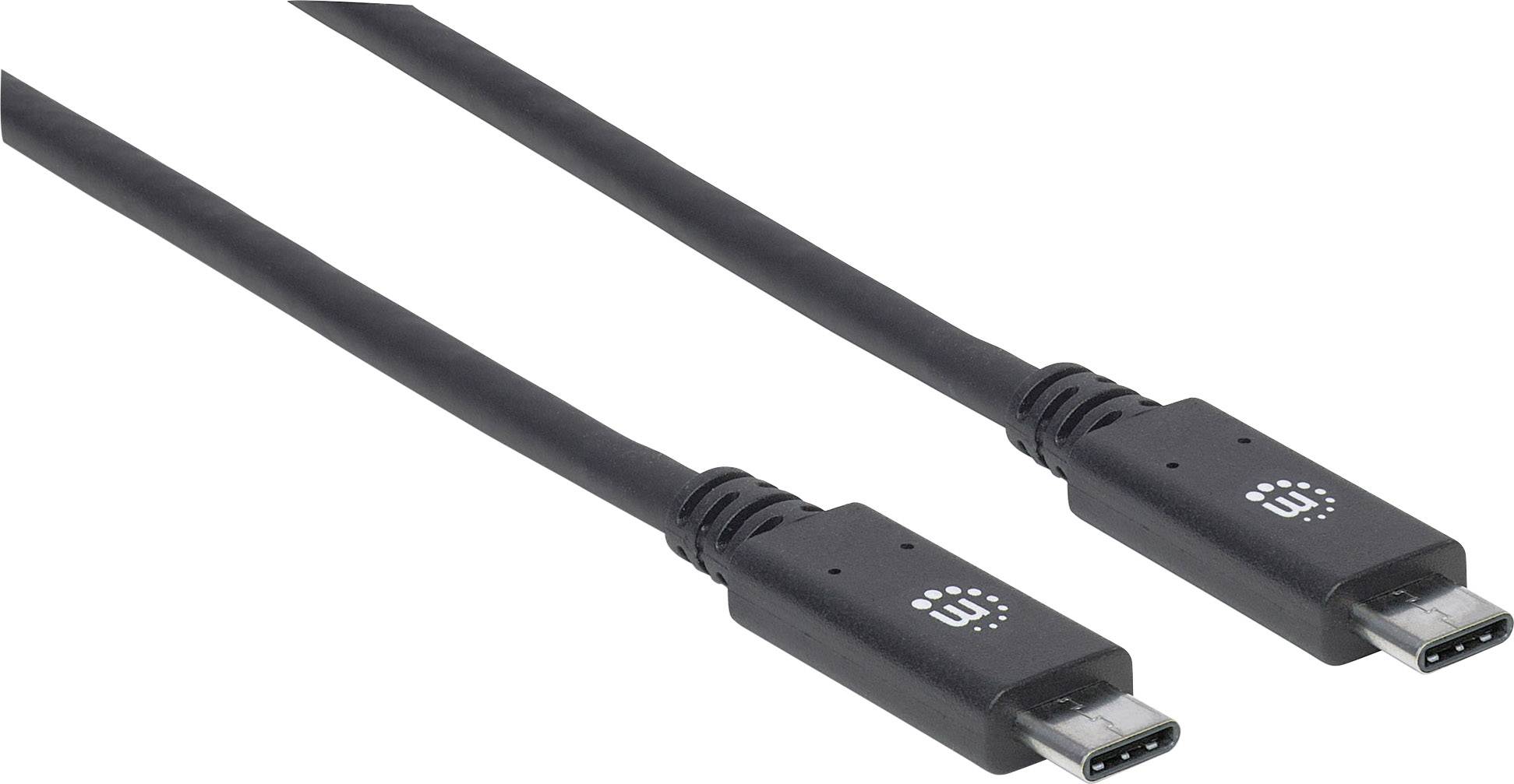 USB-C-kabel med svarta kontakter på vit bakgrund. Kontaktändarna pekar i motsatta riktningar.