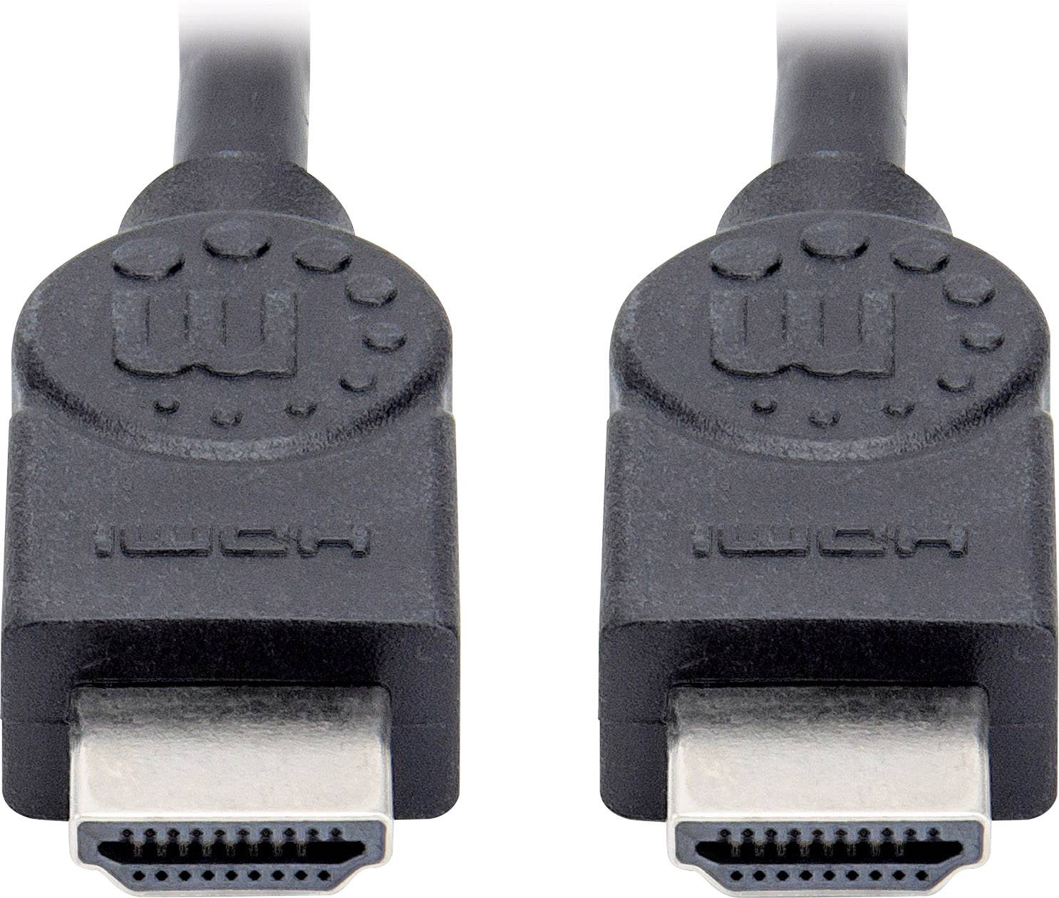 Två svarta HDMI-kablar med kontakter som löper från övre till nedre delen.