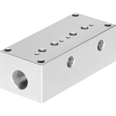 Metallblock med flera gängade hål, sannolikt ett fördelningselement för pneumatik- eller hydrauliska tillämpningar.