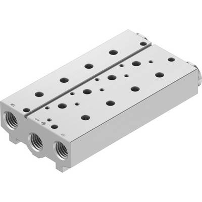 En silverfärgad pneumatisk cylinder med flera anslutningsöppningar, horisontellt orienterad, visar ovansidan med hål.