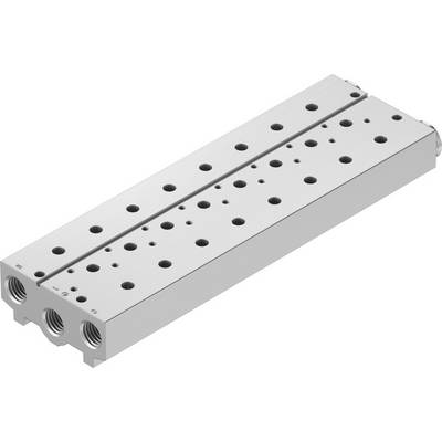 En rektangulär, silvergrå cylinder med flera runda hål och tre sidoöppningar.