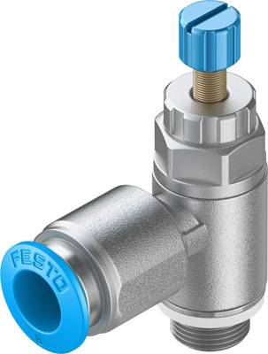 En vinkeltryckreglare med en blå inställningsratt, märkt med 'Festo'. Används för att styra lufttrycket i pneumatiska system.