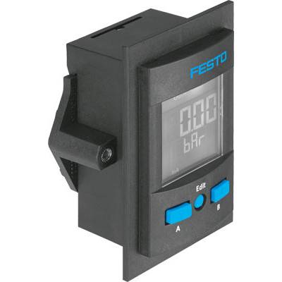 Svart digitalt tryckmätningsinstrument från Festo med blå logotyp, visar ett tryckvärde i bar på en display, med blå knappar nedtill.