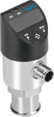 Trycksensor från FESTO med digitalt display och anslutning, lämplig för industriella tillämpningar för tryckövervakning och reglering.