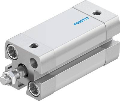 En silver pneumatisk cylinder från Festo, med två sidoanslutningar och en gängad bult på framsidan.