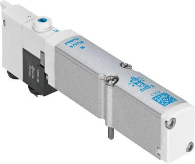 En ventil i ett pneumatiksystem, silverfärgad med blå markeringar, visar ventilhuset och anslutningarna.