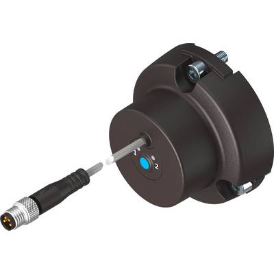 En cylindrisk, svart sensor med kontaktdon och två skruvar; sannolikt en elektrisk komponent för industriella tillämpningar.