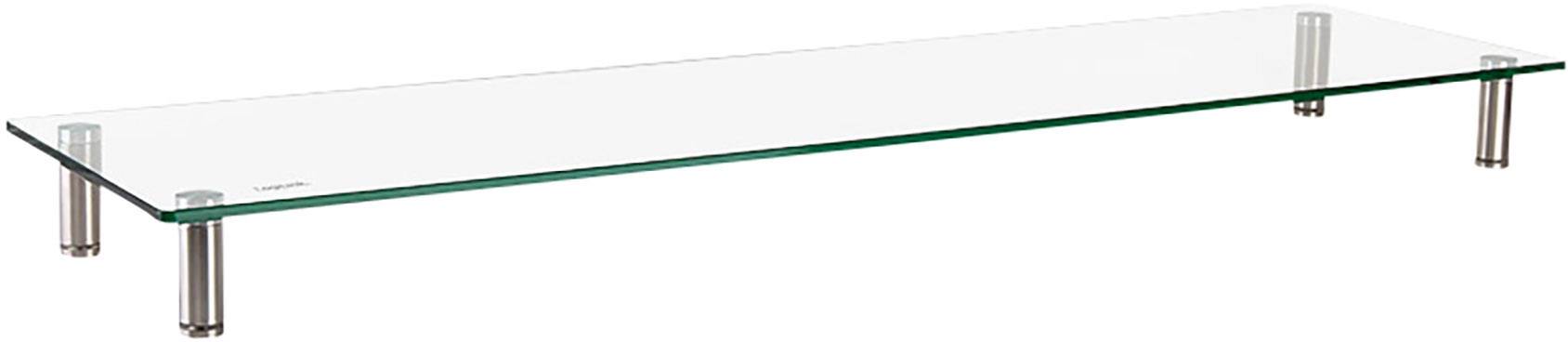 En rektangulär glashylla bärs upp av fyra silvriga metallstöd. Den är stilren och modernt designad.