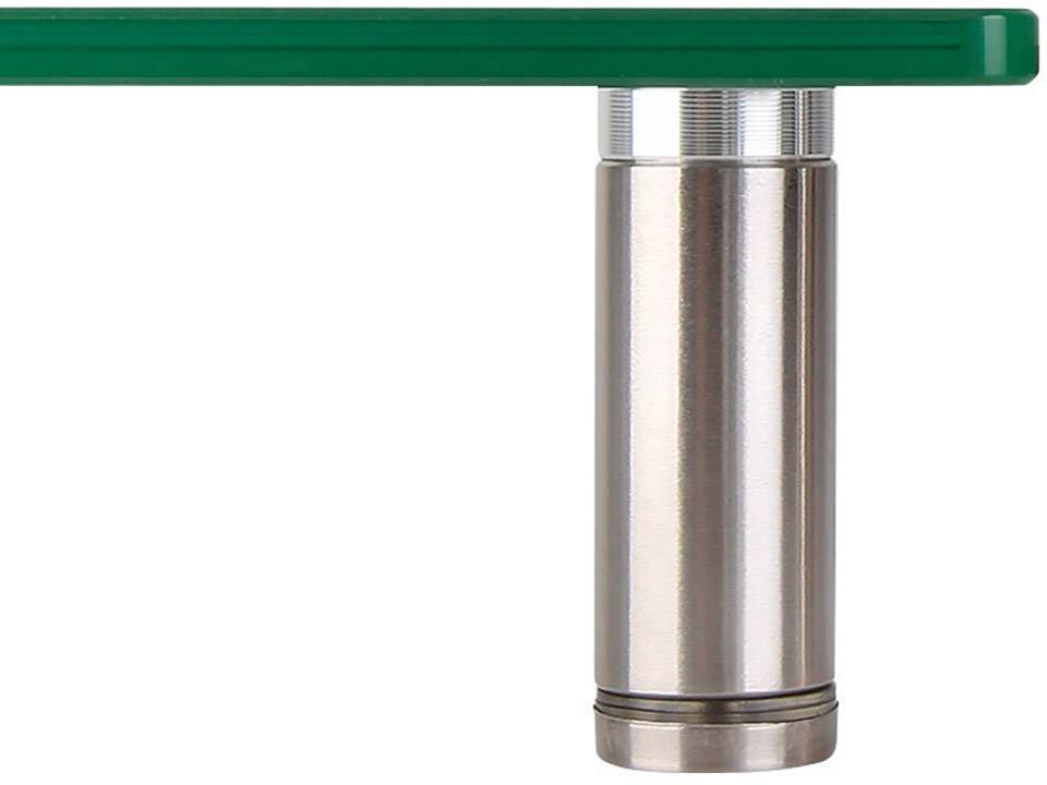 Närbild av en metallcylinder som stöttar en grön glasskiva. Strukturen uppvisar modernt design med rena former och material.