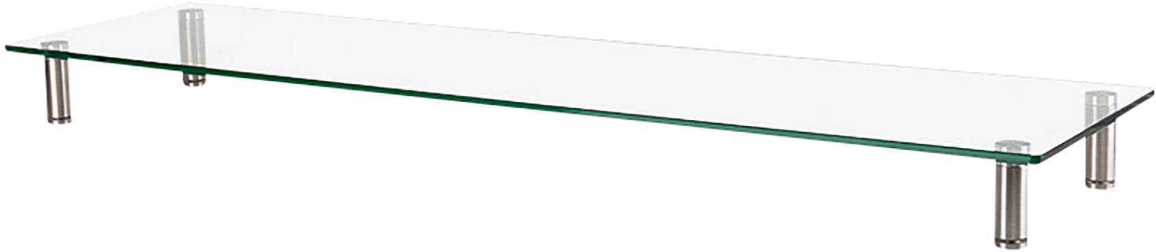 Glashylla med fyra silverfärgade metallben, minimalistiskt designad.