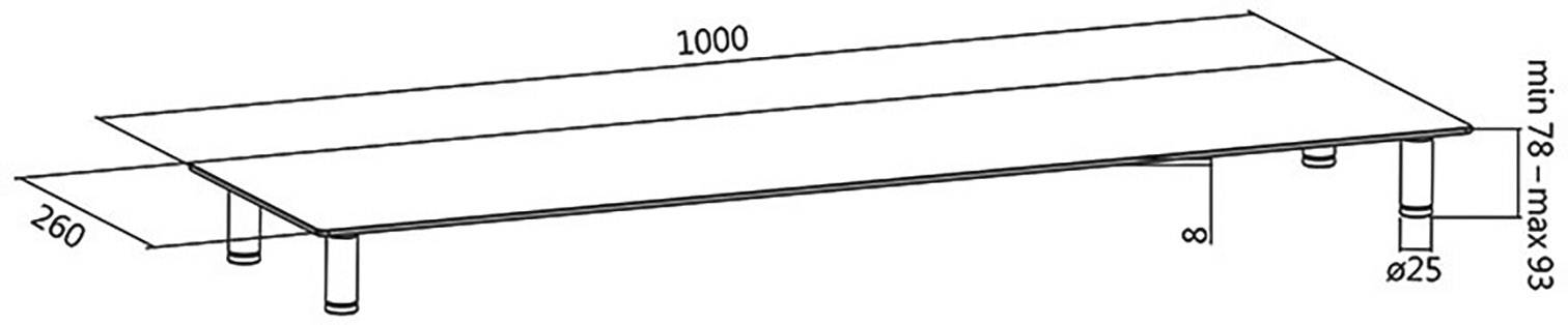 Skiss av ett rektangulärt bord med mått: 1000 mm längd, 260 mm bredd. Bordhöjd variabel: minst 78 mm, maximalt 93 mm.