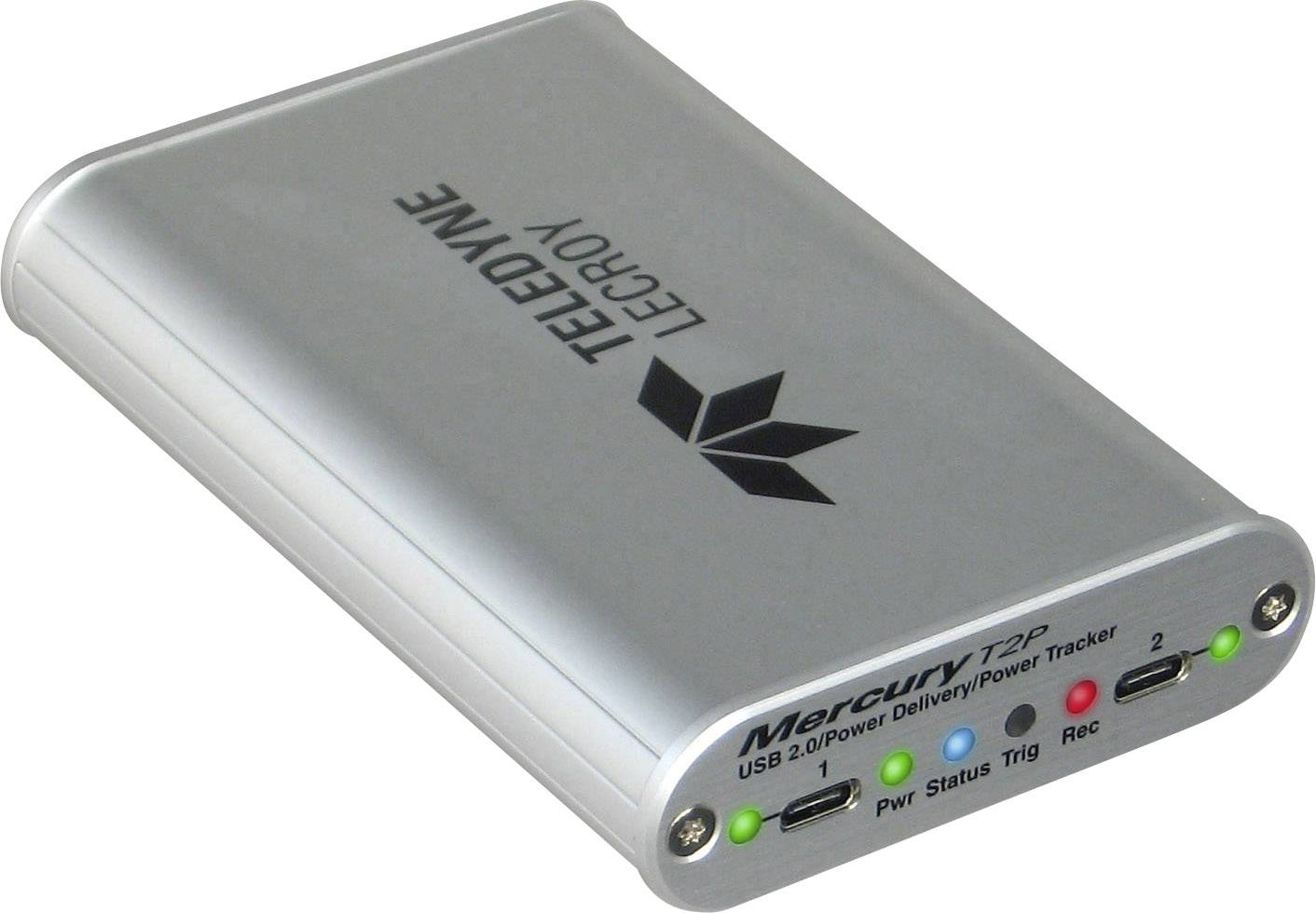 En silverfärgad USB 2.0/Power Delivery Power Tracker-enhet från Teledyne LeCroy med statusindikationer för ström, status, trigger och inspelning.