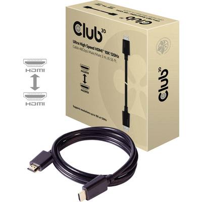 HDMI-kabel med 8K/10K-stöd, 120 Hz, avbildad i förpackning. Två HDMI-kontakter, 2 meters längd. Varumärke 'Club 3D'.