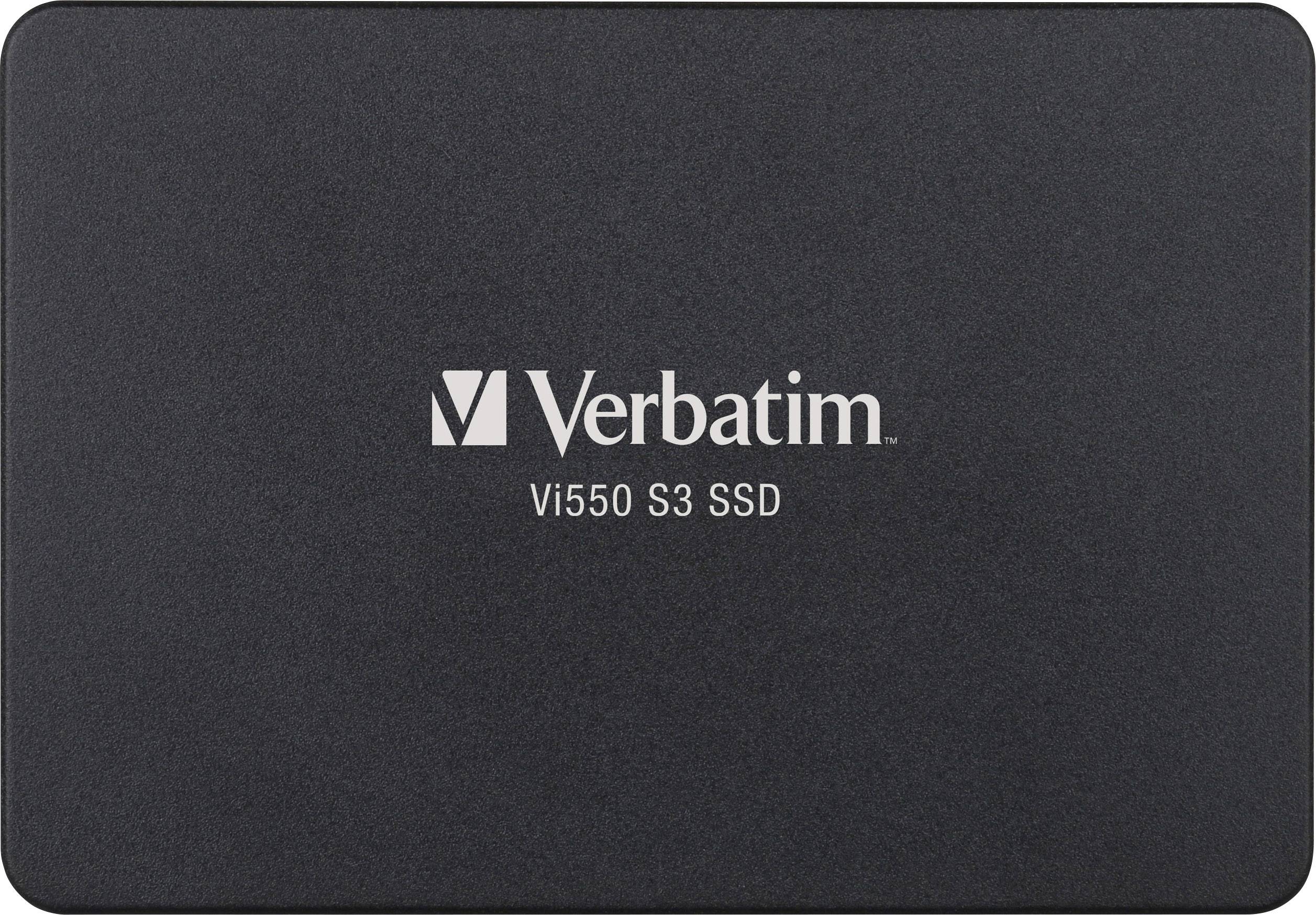 En svart 'Verbatim Vi550 S3 SSD'-hårddisk som visar varumärkets logotyp och modellnummer i vit text på framsidan.