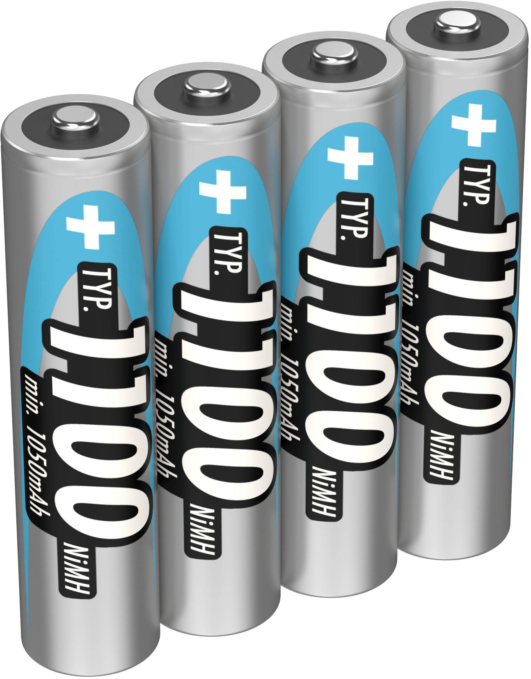 Fyra AA-batterier med blå och silvriga höljen i en rad, märkta med 'Typ 1100' och 'min. 1350mAh'.
