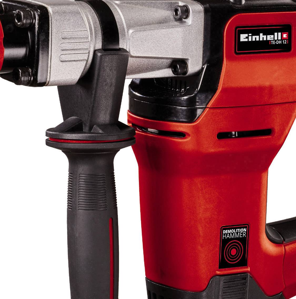 En röd borrhammare från märket Einhell. Till vänster ett svart handtag, till höger höljet med logotyp och modell 'TE-DH 12'.