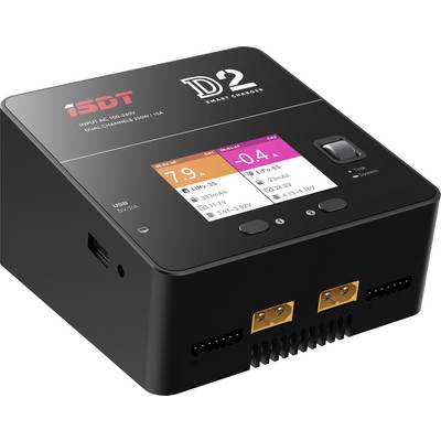 Svart laddare med digitalt display. Visar laddningsinformation: 7,9A, -0,4V, kapacitet 702 mAh. Två anslutningar nedtill.