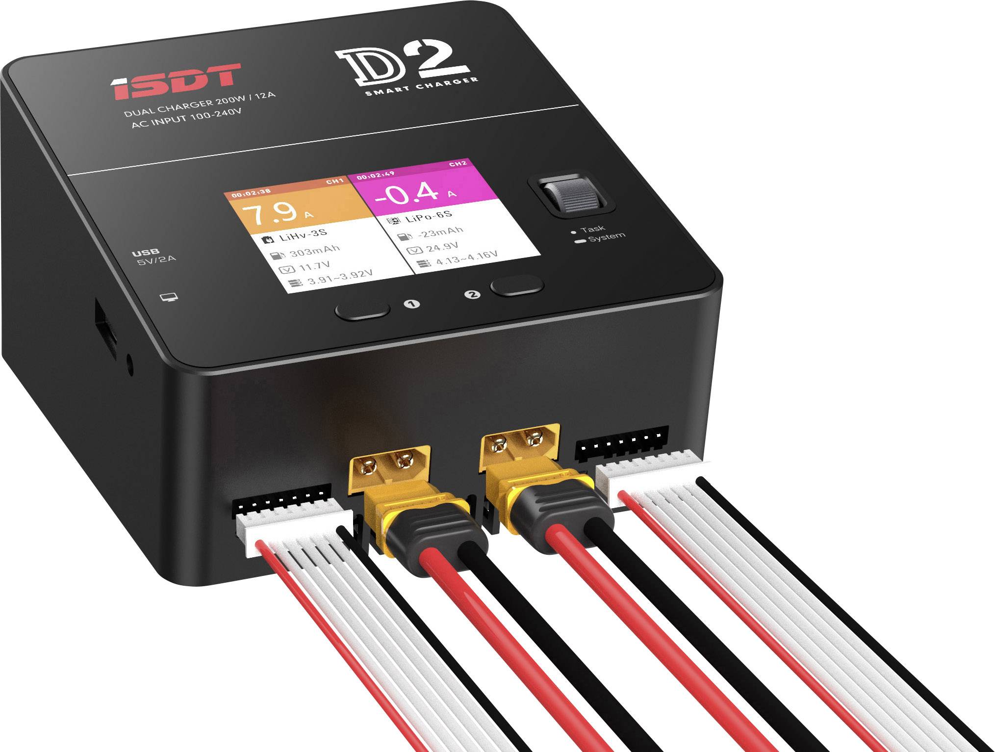 Ett svart laddare med display visar laddningsinformation för batterier. Två batterier är anslutna via kablar, tillverkarens logotyp längst upp till vänster.