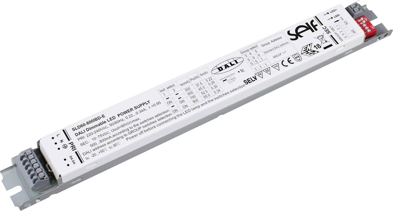 Self Electronics SLD60-800IBD-E LED driver Konstantström 60 W 500 - 800 mA 10 - 75 V/DC Dali, dimbar, Överbelastningsskydd, Överspänning, möbelregistrering, Montering på brandfarliga ytor, justerbar 1 st