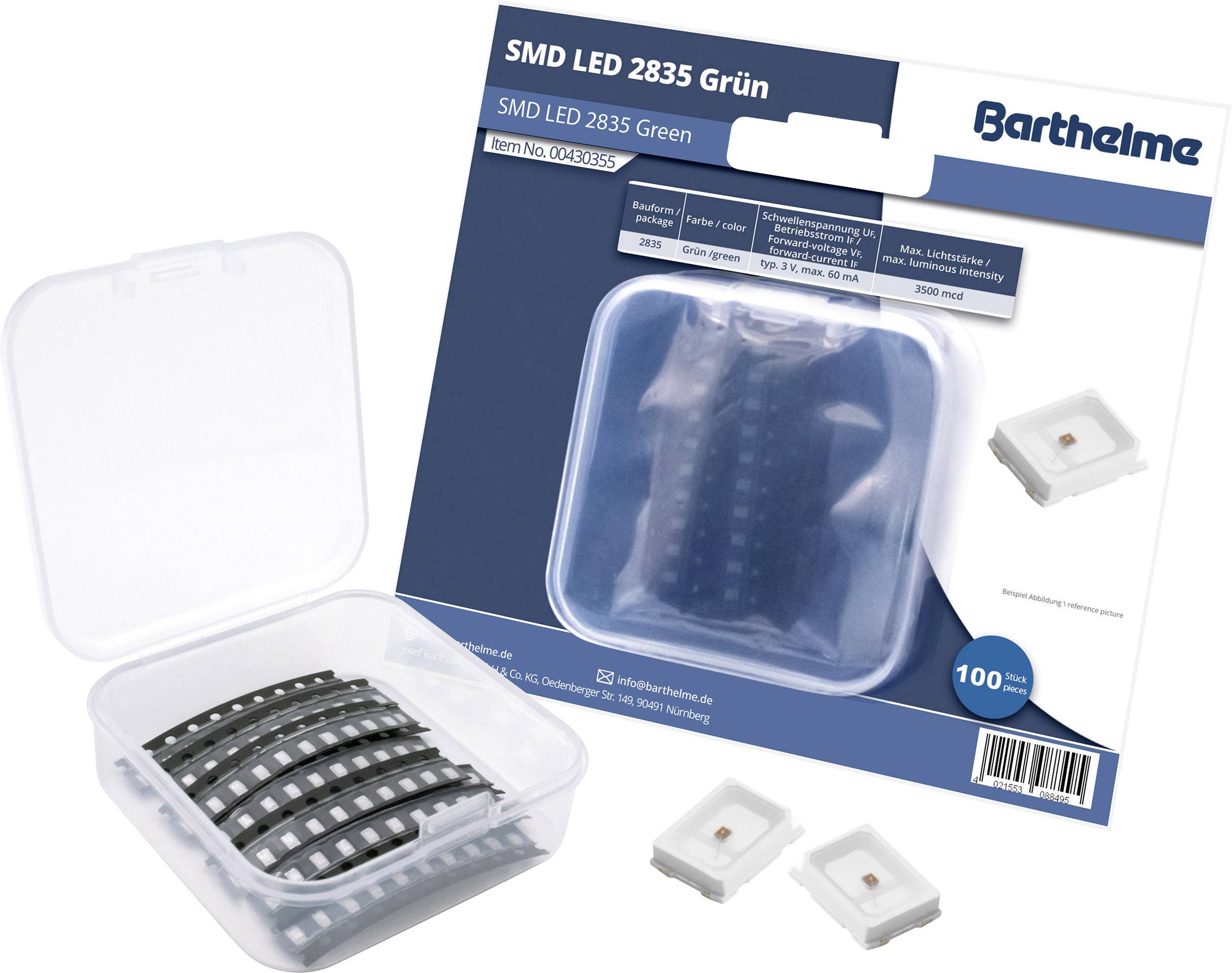 'Förpackning och förvaringsbox för SMD LED 2835 Grön från Barthelme med produktinformation och bild av LED-lampan.'