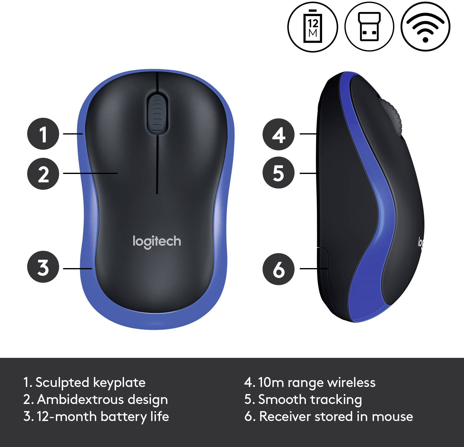 Trådlös Logitech-mus i blått och svart. Funktioner inkluderar konturerade knappar, användning för vänster- och högerhänta, 12 månaders batteritid.