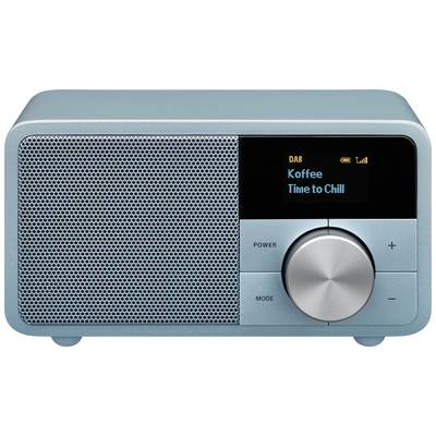 En stilren, blå DAB-radio visar på displayen: 'Koffee - Time to Chill'. Den har en stor volymratt och knappar för På/Av och Läge.