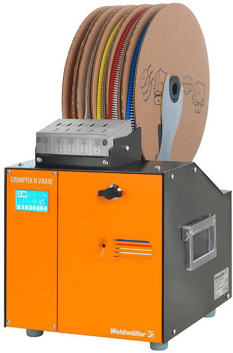 Krimningsmaskin med fem spolar färgade kablar på ovansidan. Enheten för industriella tillämpningar, orange och grå, varumärke 'Weidmüller'.