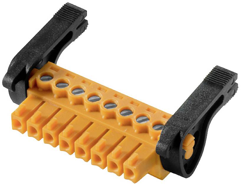 Orange elektrisk kontakt med flera stift, omgiven av två svarta klämma. Används för att skapa elektriska förbindelser.