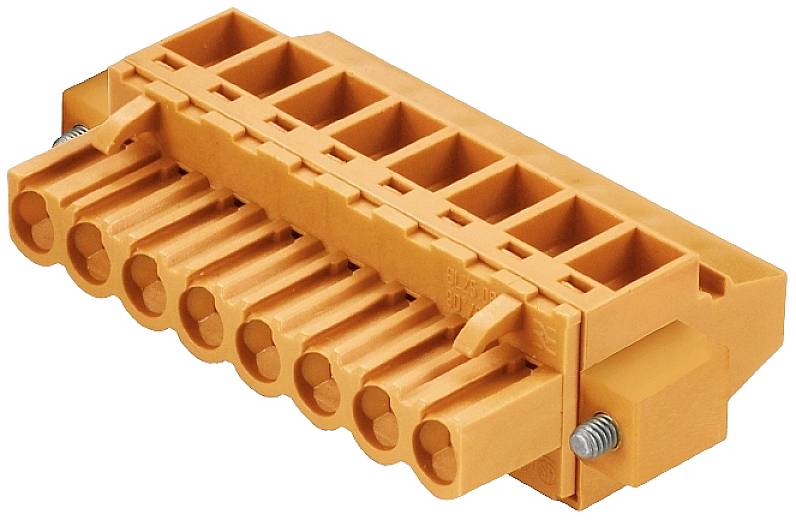 Orange plastanslutning med sju kontaktpunkter, sidmonterade skruvfästen, lämplig för elektroniska kopplingar.