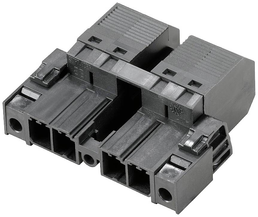 Svart plastanslutningssockel med två parallella kontaktplatser, lämplig för elektriska anslutningar i elektroniska enheter.