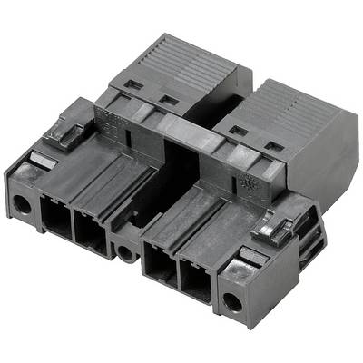 Svart plastanslutningssockel med två parallella kontaktplatser, lämplig för elektriska anslutningar i elektroniska enheter.