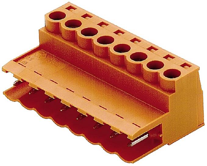 Orange kontaktdon med åtta anslutningar, lämpliga för montering i elektroniska enheter för säkra kabelanslutningar.
