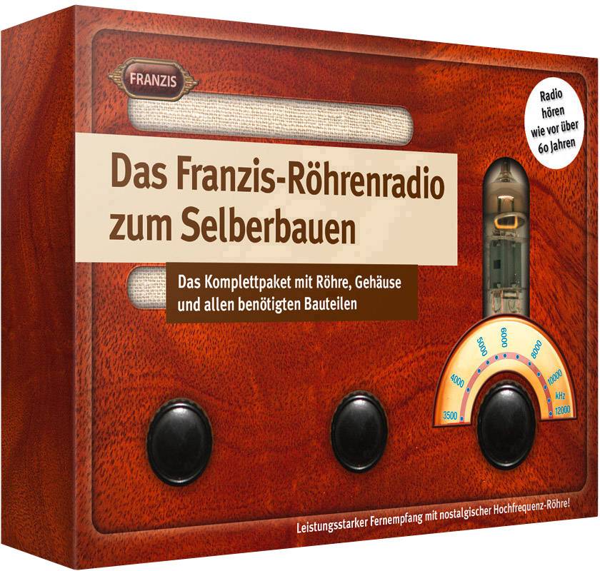 Byggsats för ett röhrradio från Franzis. På förpackningen står det: 'Franzis röhrradio att bygga själv' och beskriver nödvändiga komponenter.