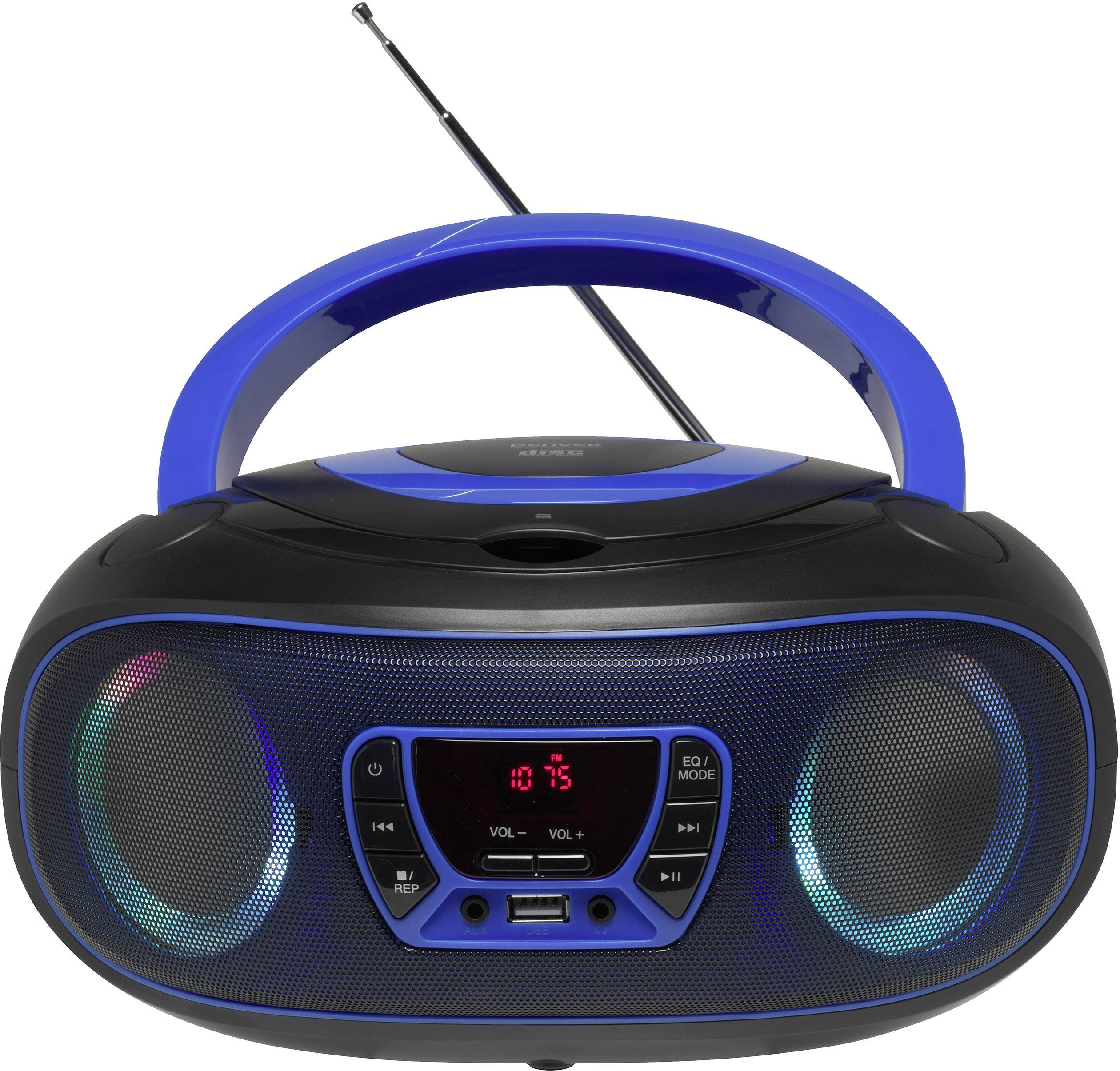 En bärbar radio med blå kant och utdragbar antenn. Den visar en röd LED-skärm och manöverknappar.