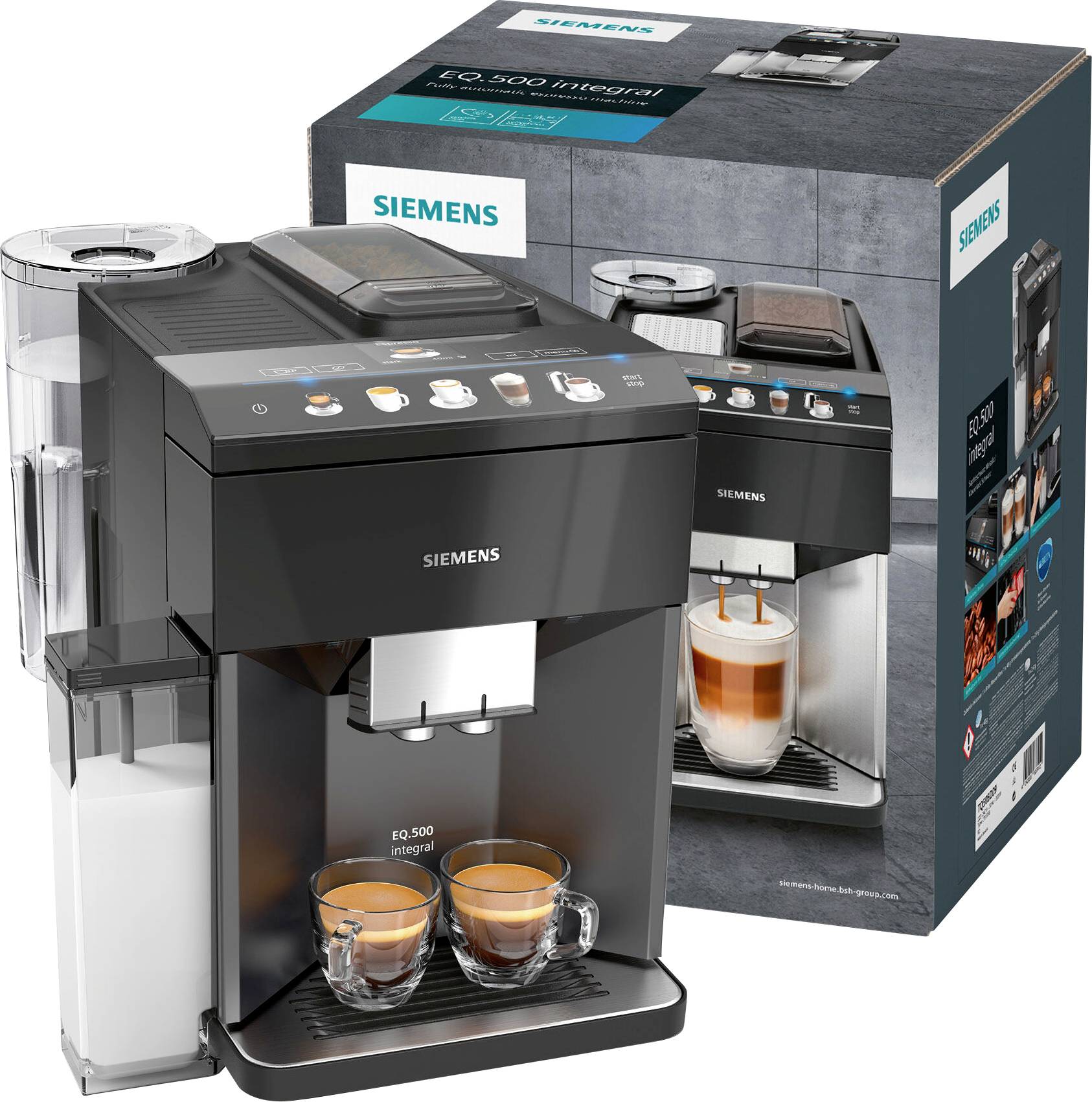'Se Siemens EQ.500 helautomatisk kaffemaskin bredvid originalförpackningen, med två fyllda kaffekoppar i förgrunden.'