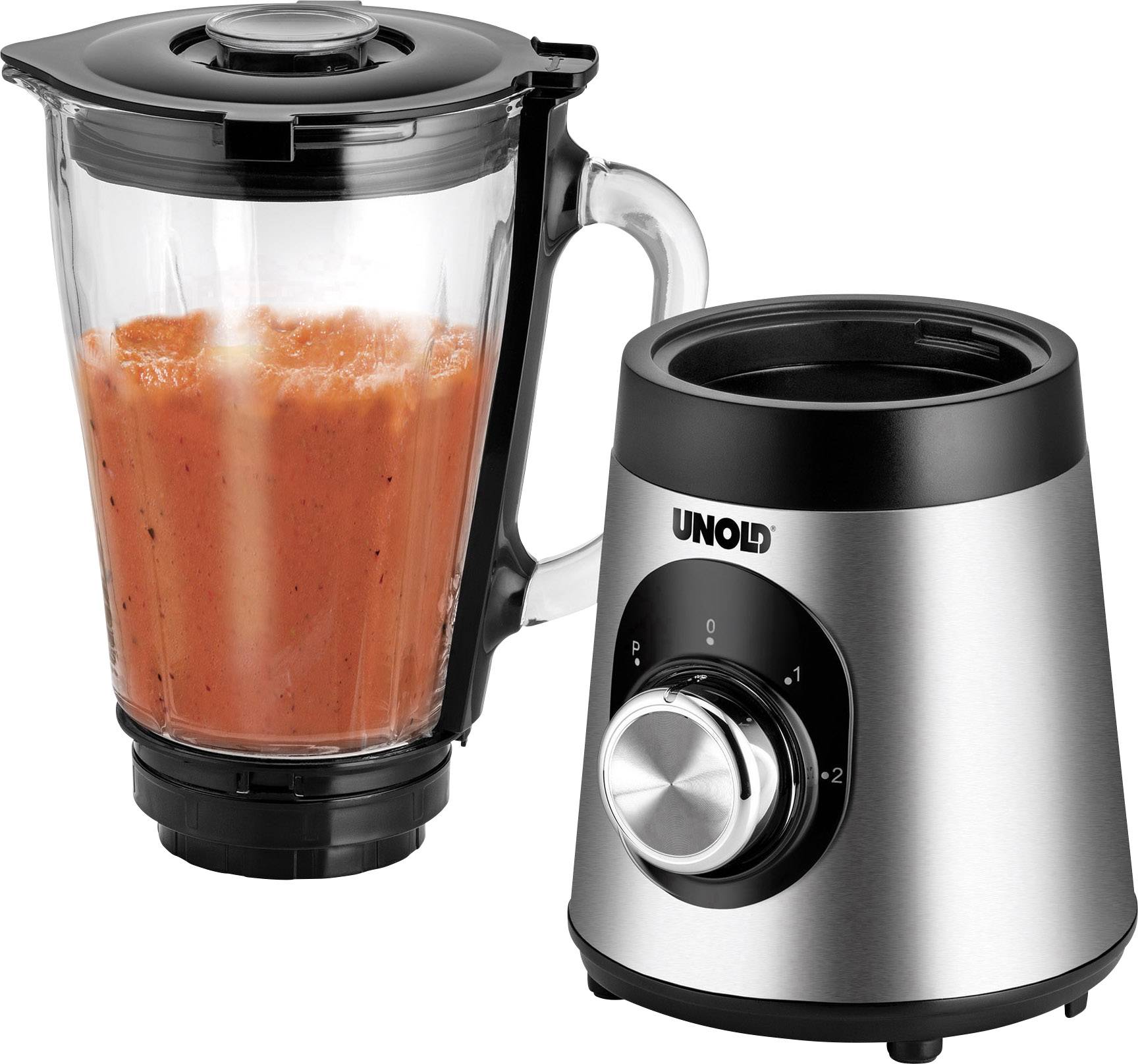 En silverfärgad stavmixer med svart lock och bas, fylld med orange-röd vätska, bredvid ett kontrollpanel med vred.